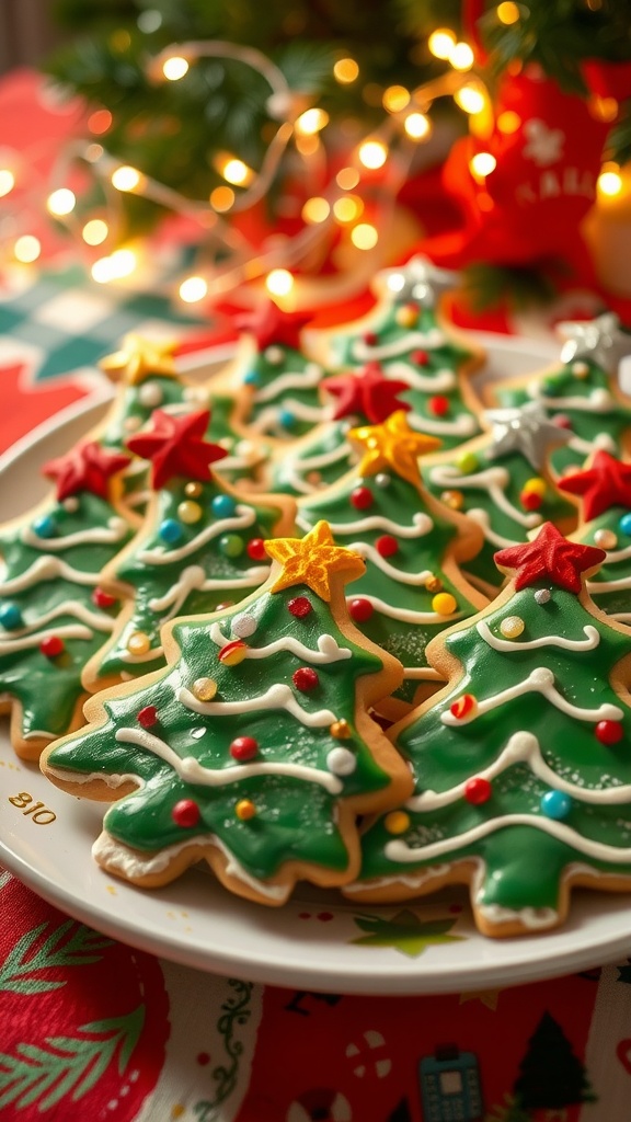 Decorative Christmas tree cookies with icing and sprinkles on a festive plate.